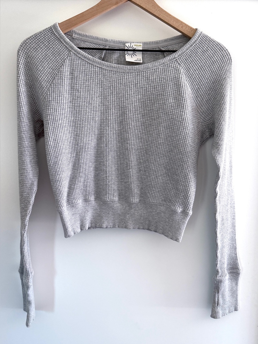 Offline by Aerie Gray Waffle Knit Cropped Long Sleeve Top Medium